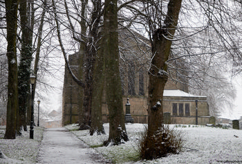 Holy trinity church Chestefield snow This landscape photograph shows Holy Trinity Church in Chesterfield, Derbyshire, United Kingdom, on a snowy winter morning. The church architecture is partly obscured by a row of tall trees, each of which is dusted lightly with fresh snow, and a stone path passes through the churchyard. The snow covers the ground and highlights the bare branches of the trees, framing the historic Holy Trinity Church. This winter image, with its combination of snow, trees, and traditional church architecture, captures the quiet atmosphere of a Derbyshire morning in Chesterfield.
